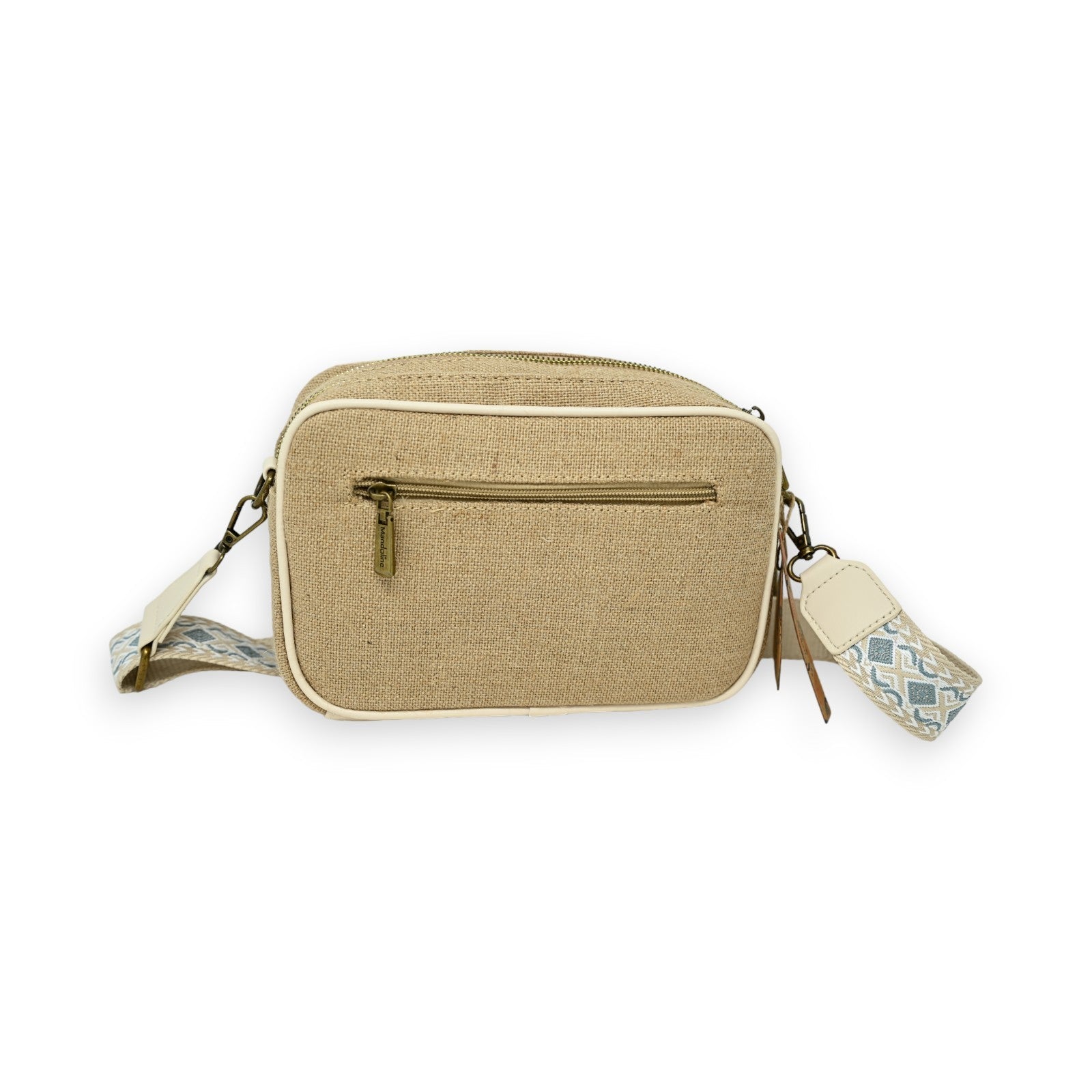 Beige Schultertasche aus Leinen mit Reißverschluss, Fronttasche und gemustertem Trageriemen, ideal für den Alltag