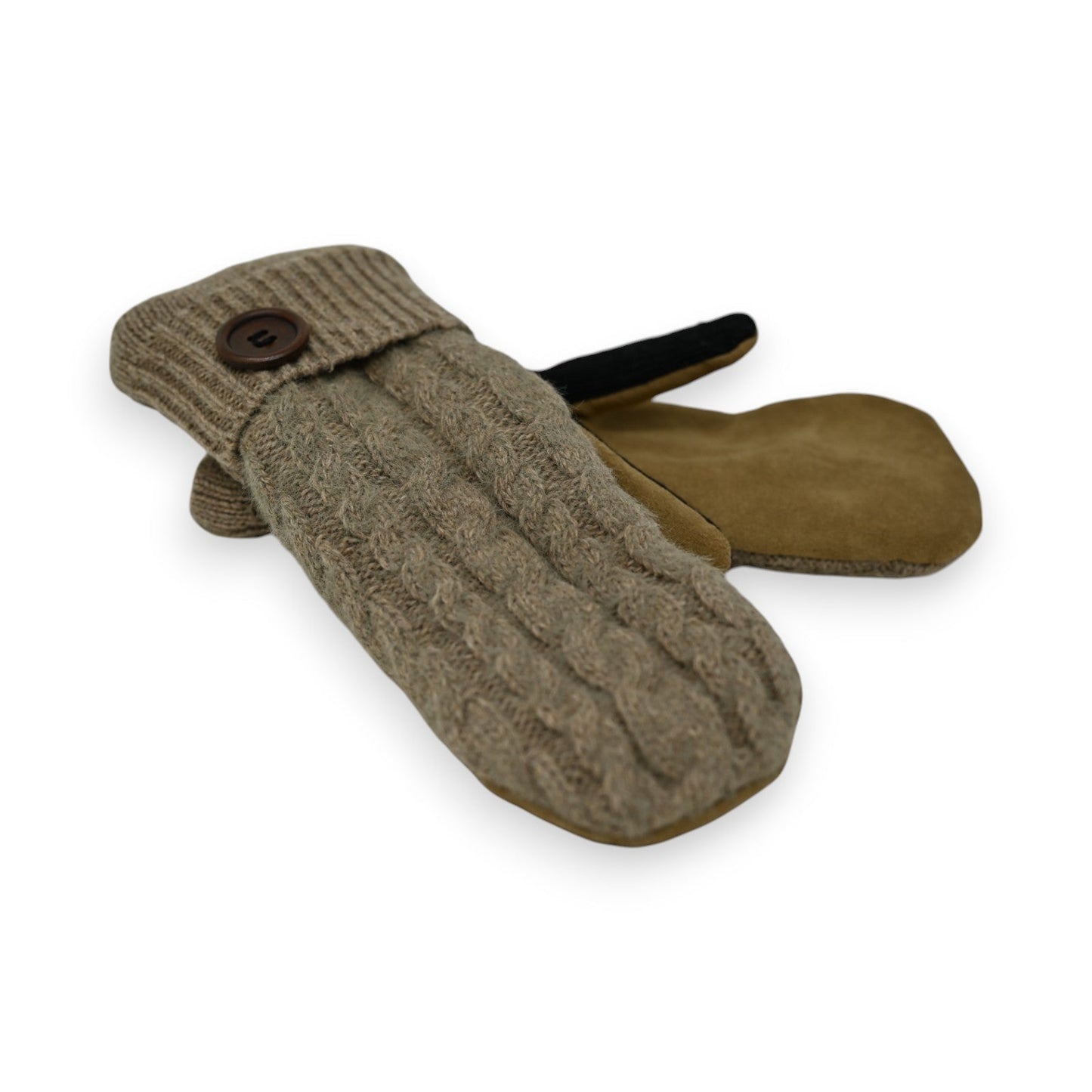 Warme zweistoffige Strickfäustlinge mit Lederhandfläche, Strickbündchen und Knopfverschluss in Beige und Braun