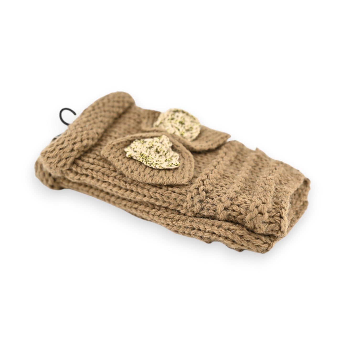 Gestrickte beige Handschuhe mit goldenen Herzapplikationen, warm und stilvoll für den Winter