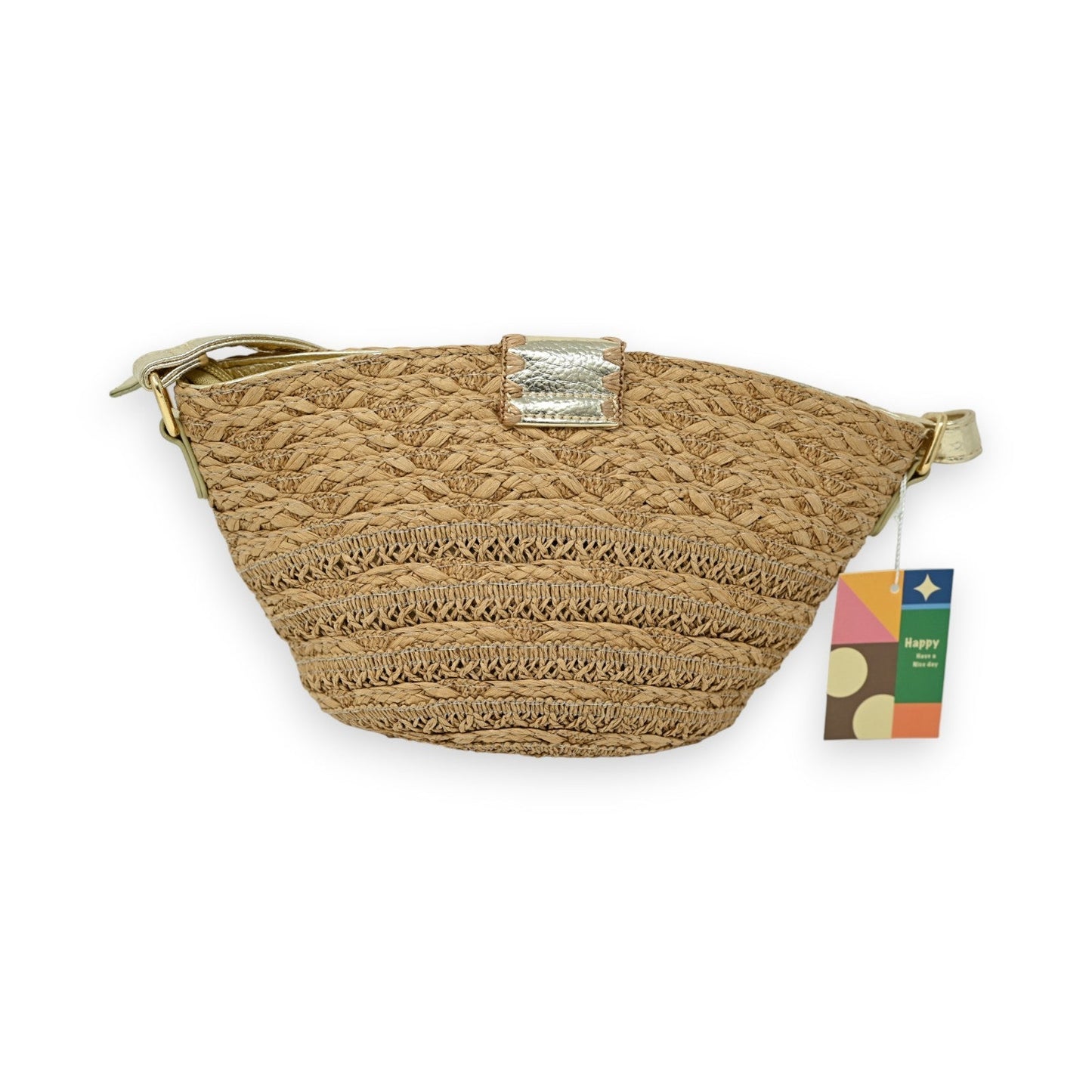 Beige Bohème-Schultertasche aus Stroh mit goldenem Riemen, Flechtmuster und buntem Etikett, Sommer-Accessoire