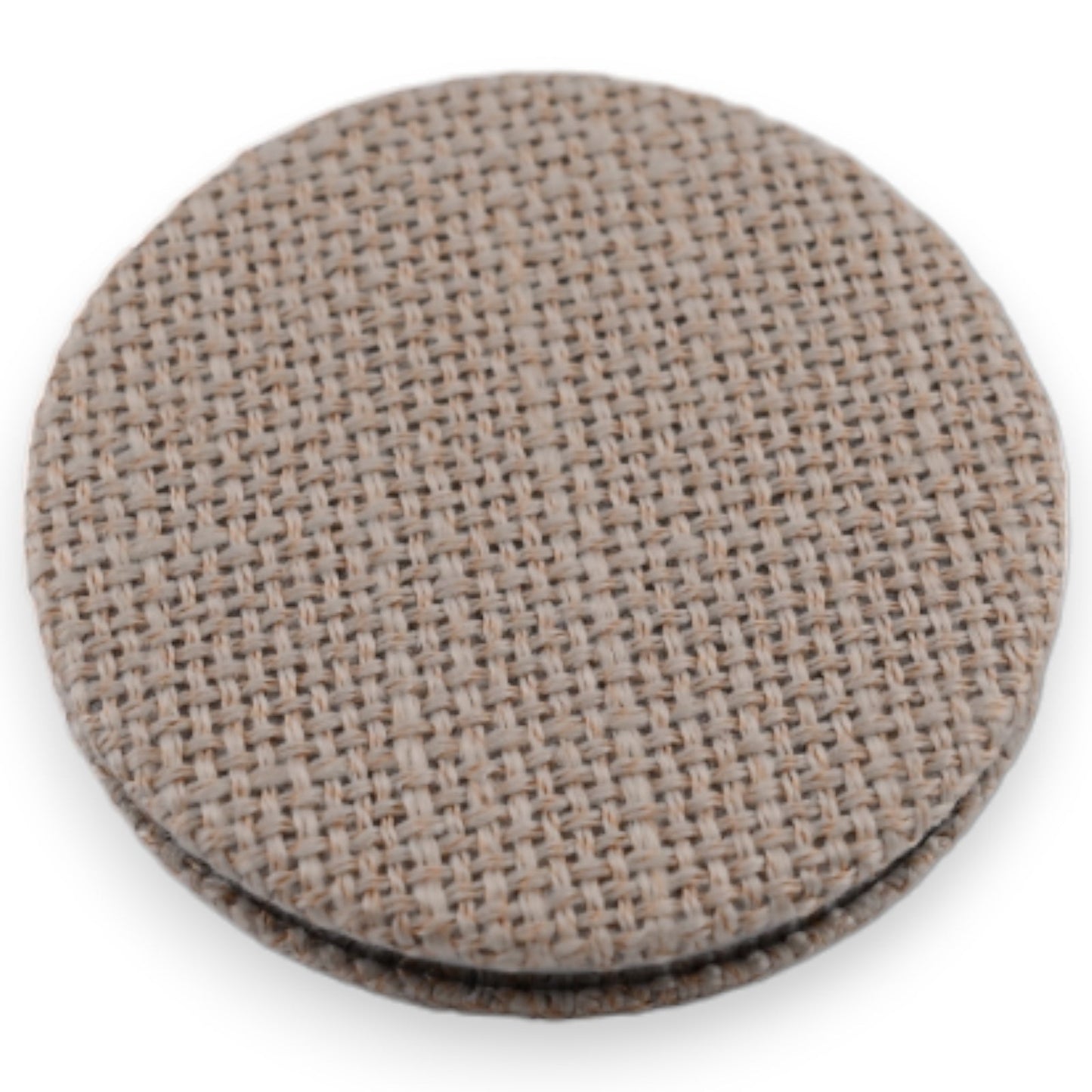 Runder Taschenspiegel mit beigem Stoffbezug in Leinenoptik, kompaktes Design für unterwegs
