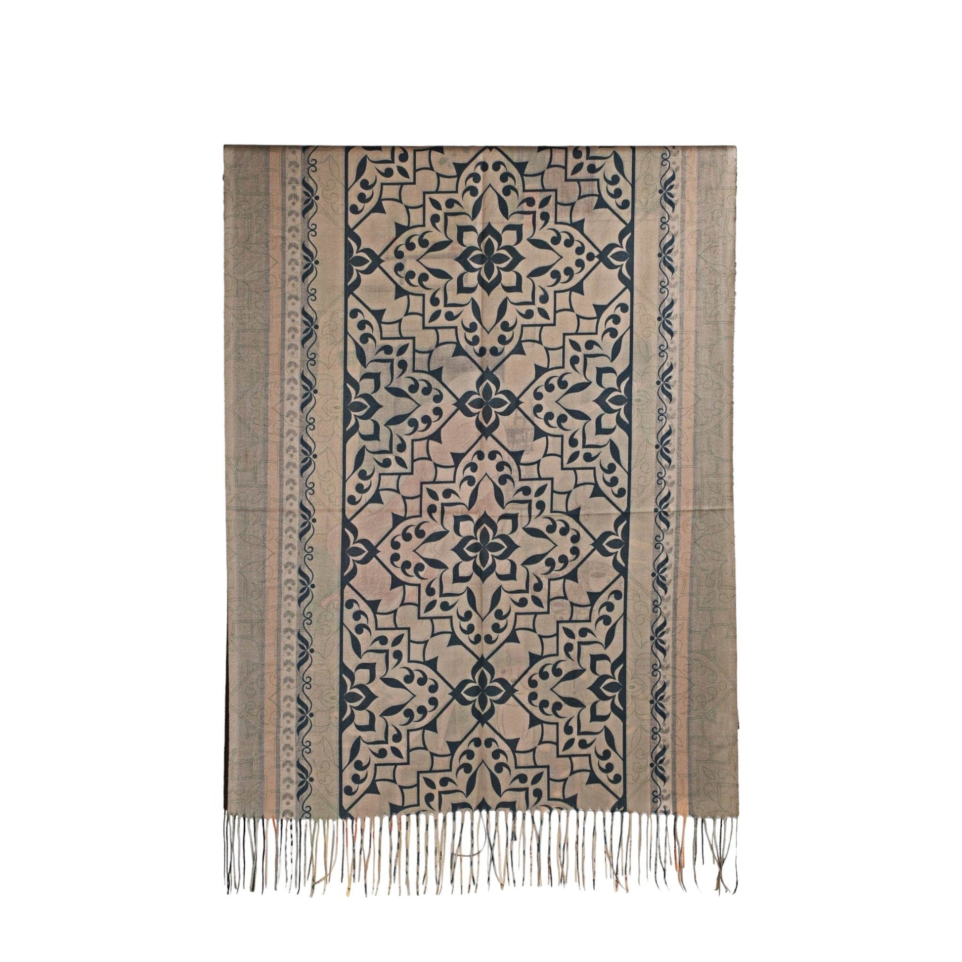 Eleganter Schal mit orientalischem Muster in Beige und Dunkelblau, Fransen am unteren Rand, hochwertiges Design