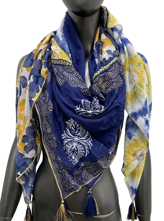 Patchwork Schal mit Blumen und gelben und blauen Kreisen