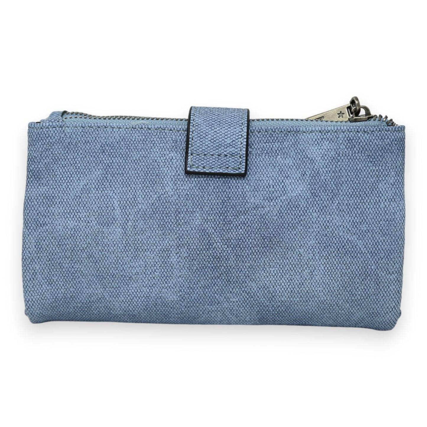 Hellblaue Jeansstoff-Geldbörse mit Reißverschluss und Druckknopfverschluss, rechteckige Form, strukturiertes Textil