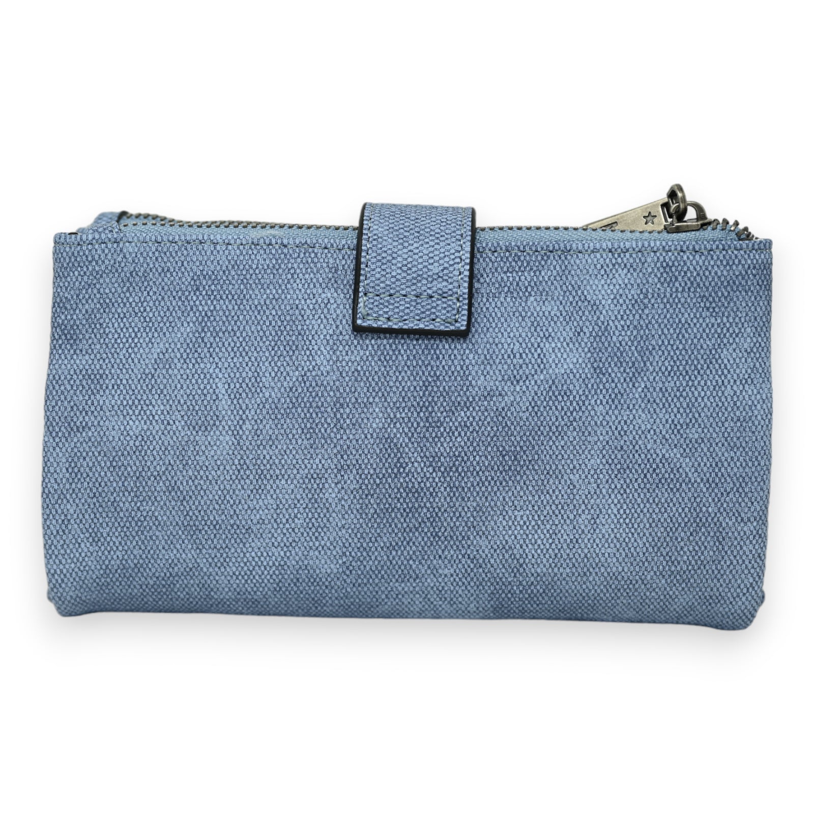 Hellblaue Jeansstoff-Geldbörse mit Reißverschluss und Druckknopfverschluss, rechteckige Form, strukturiertes Textil