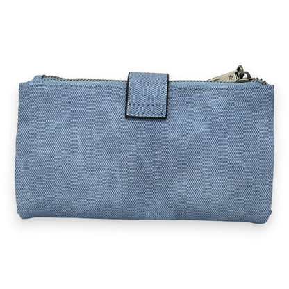 Hellblaue Jeansstoff-Geldbörse mit Reißverschluss und Druckknopfverschluss, rechteckige Form, strukturiertes Textil