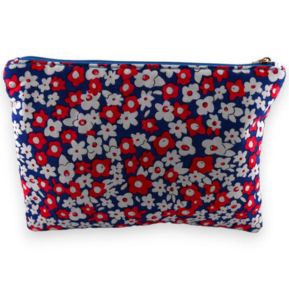 Blumentasche aus Baumwolle, blau mit roten und weißen Blüten, Reißverschluss oben, modisches Accessoire