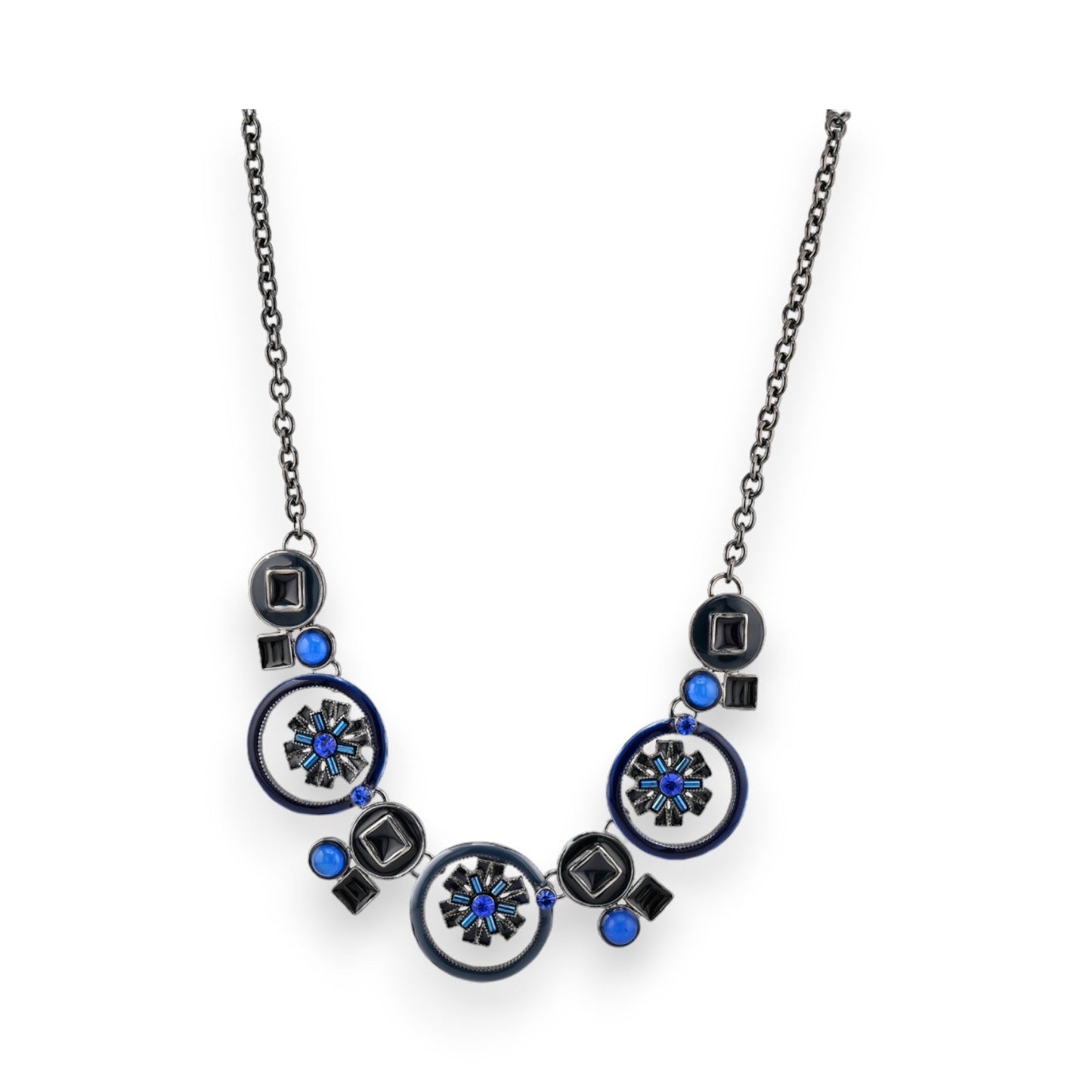 Elegante Halskette mit blauen Medaillons, Kristallen und geometrischen Elementen auf schwarzer Kette, modischer Schmuck