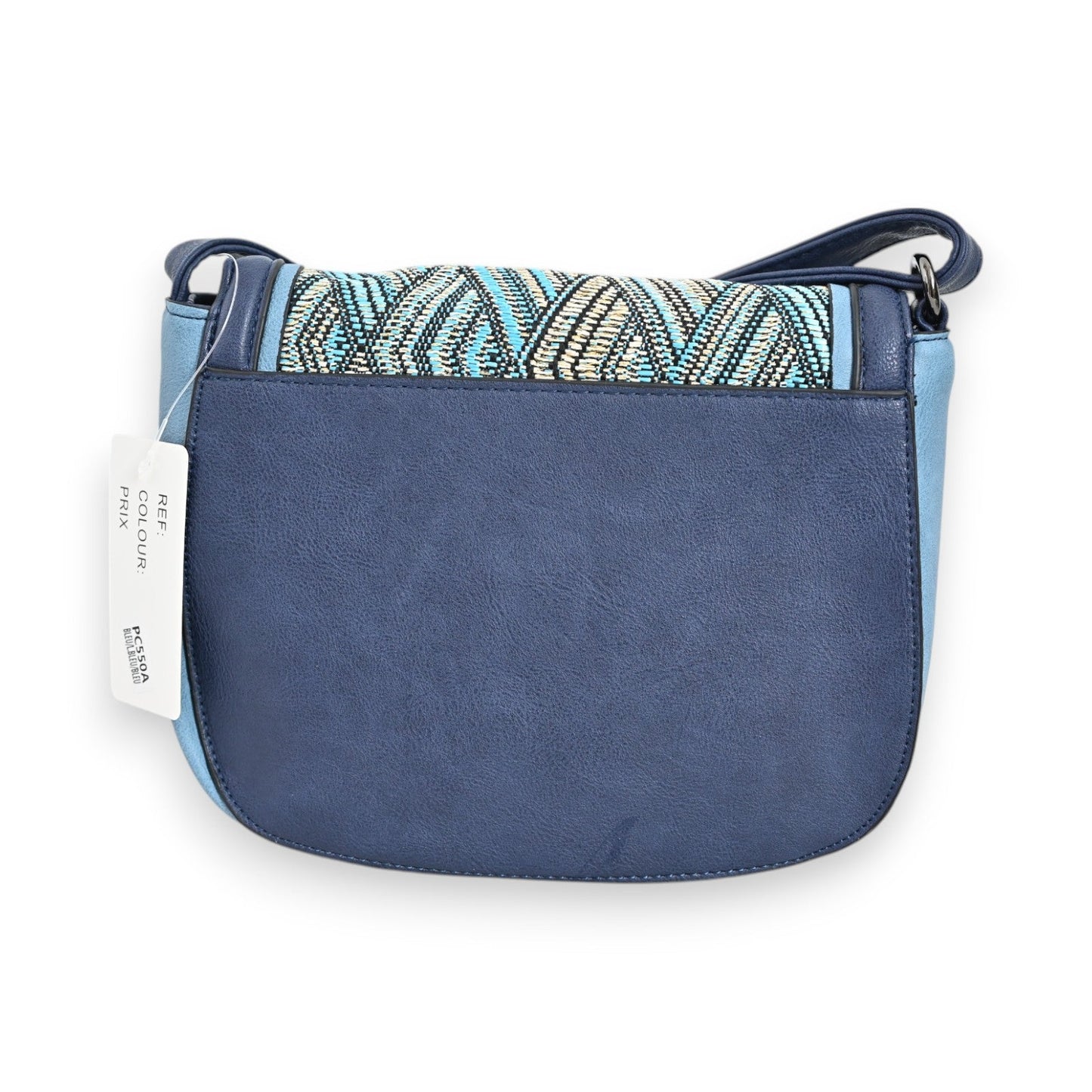 Blaue Umhängetasche mit Chevron-Muster, Lederoptik und verstellbarem Riemen, Marke Mélanie Paris, neu mit Etikett