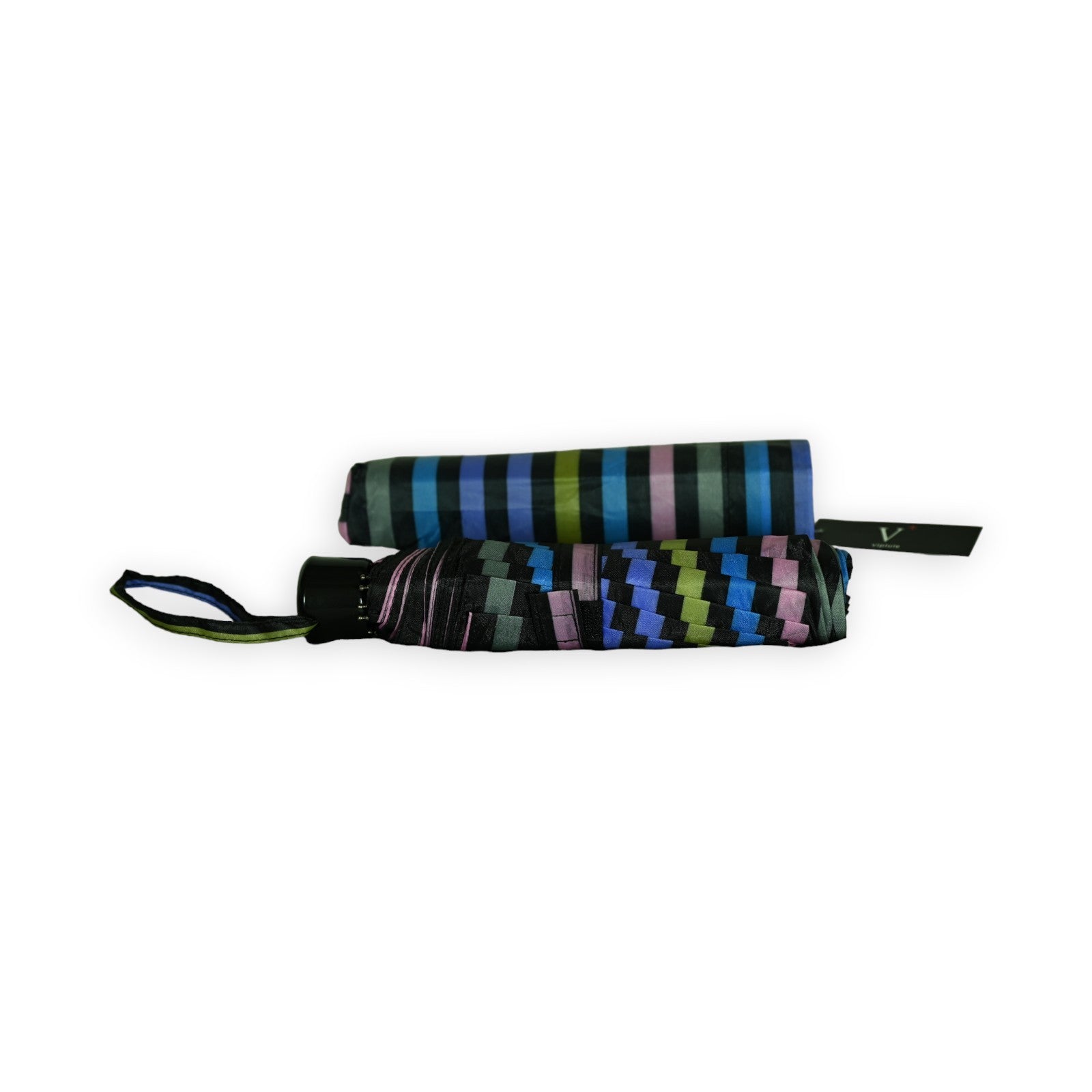 Kompakter Regenschirm mit buntem Streifenmuster in Blau, Grün, Lila und Schwarz, zusammengefaltet mit Trageschlaufe