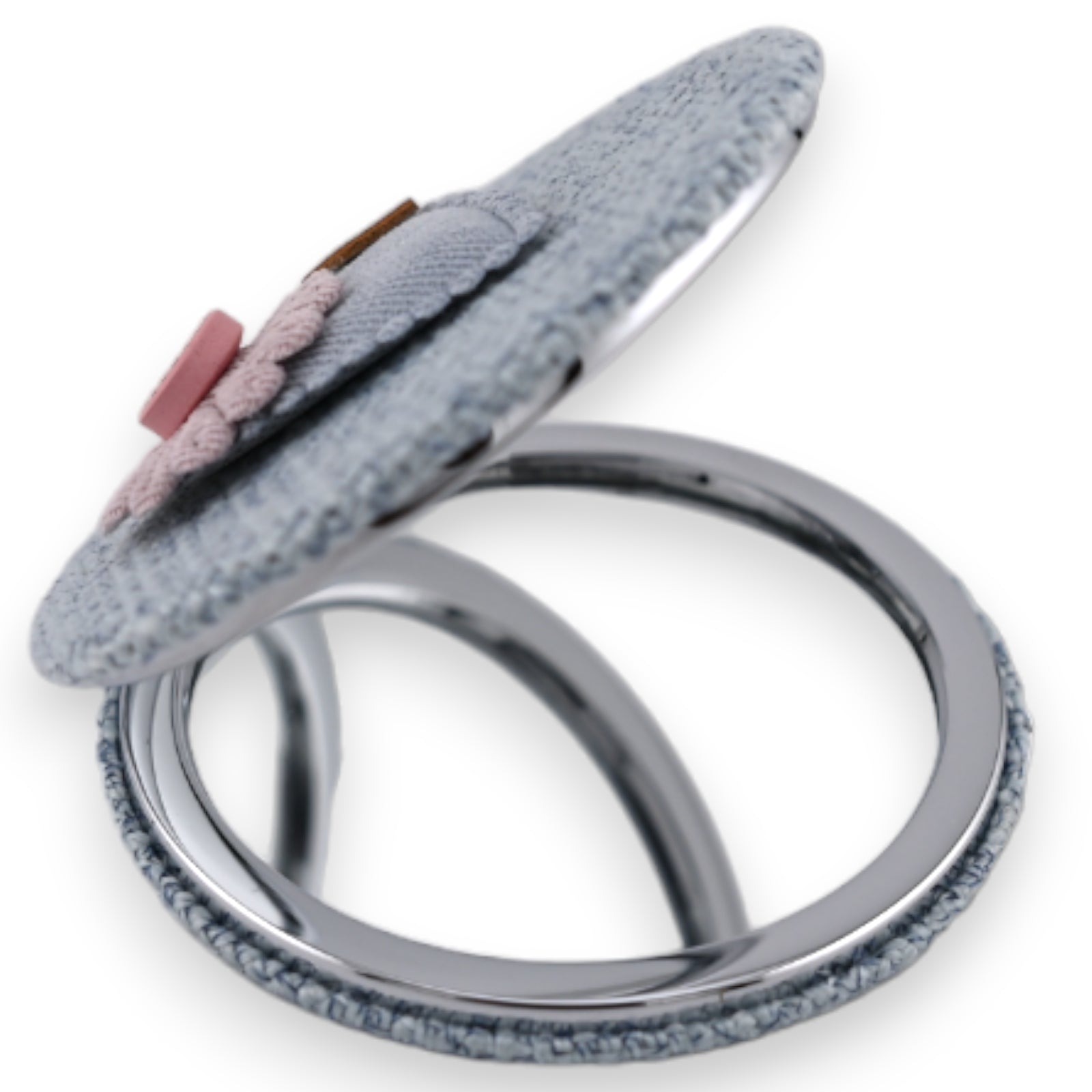 Kompakter Taschenspiegel mit blauem Stoff, 3D-Herz-Blume in Flieder, runder Metallrahmen, aufklappbar