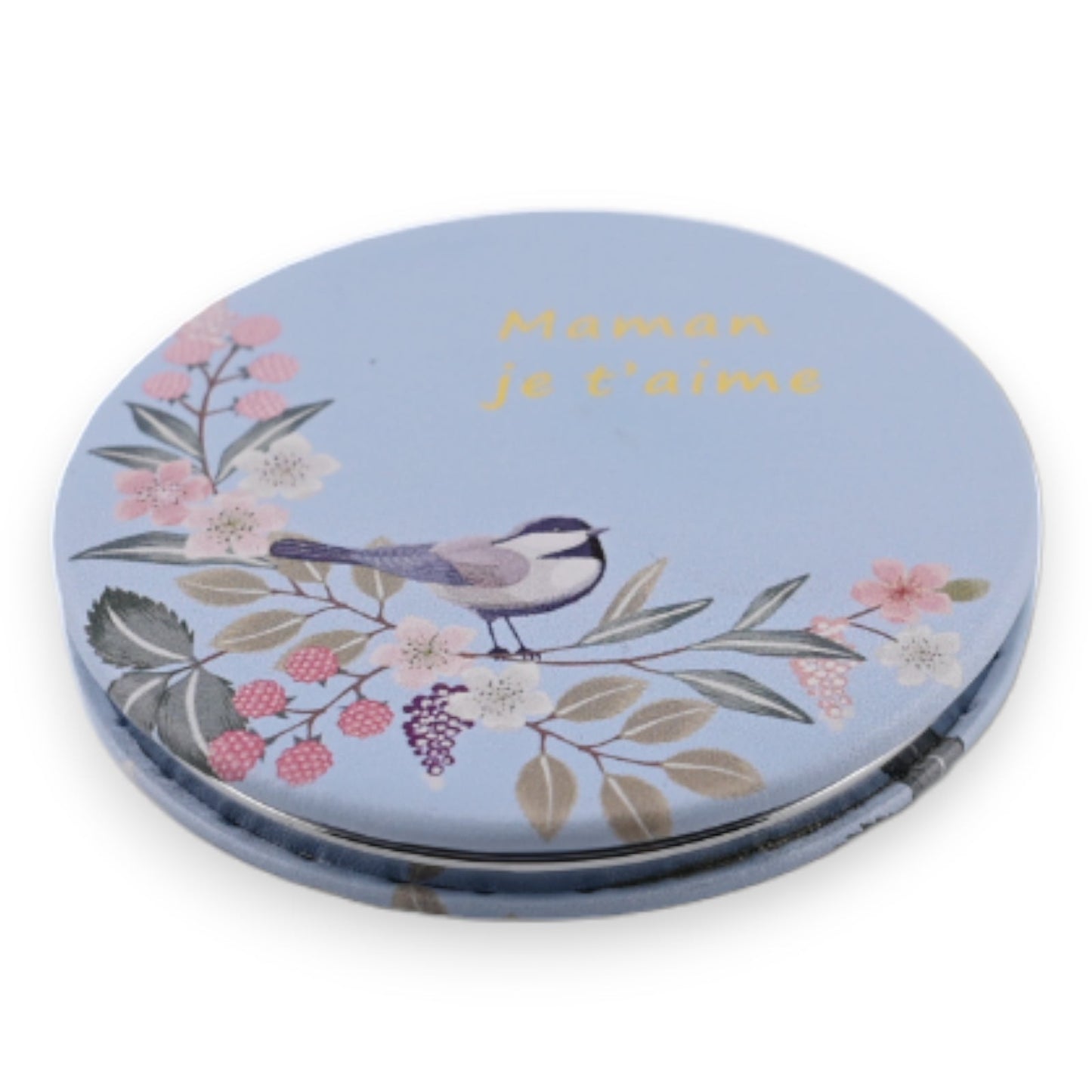 Runder Taschenspiegel mit Blumenmotiv, Vogel und französischer Aufschrift 'Maman je t'aime' auf hellblauem Hintergrund