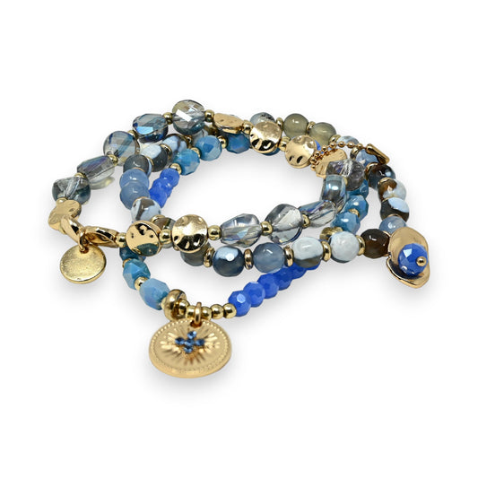 3-teiliges Armband mit Perlen in Blau- und Grautönen