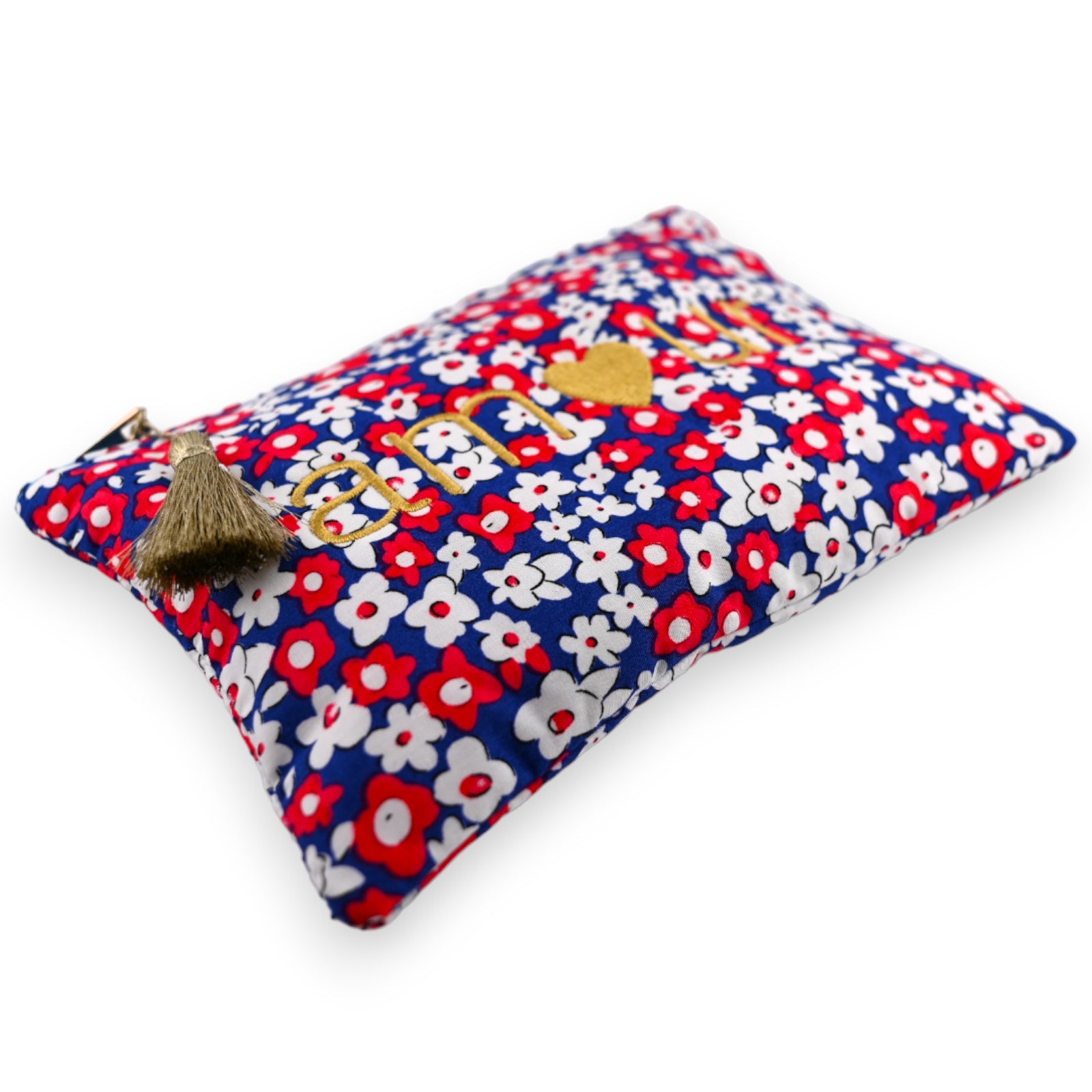 Bunte Kosmetiktasche aus Baumwolle mit Blumenmuster in Rot, Weiß und Blau, goldener Aufschrift und Quaste