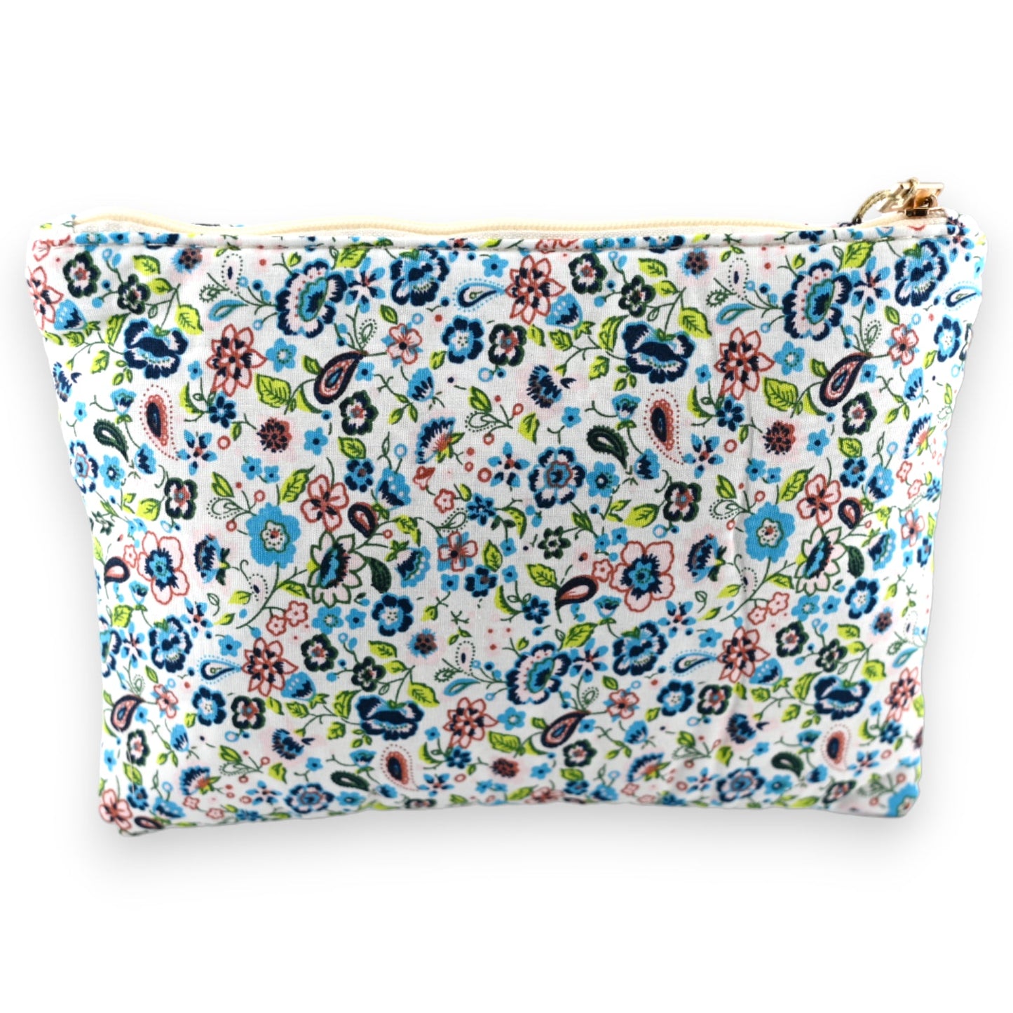 Kosmetiktasche mit farbenfrohem Blumenmuster in Blau, Grün und Rosa auf weißem Hintergrund, mit Reißverschluss