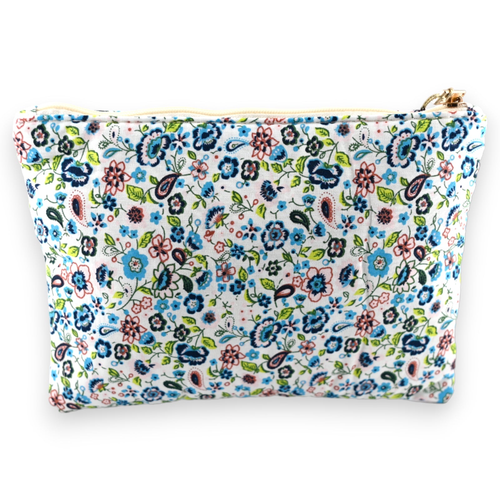 Kosmetiktasche mit farbenfrohem Blumenmuster in Blau, Grün und Rosa auf weißem Hintergrund, mit Reißverschluss