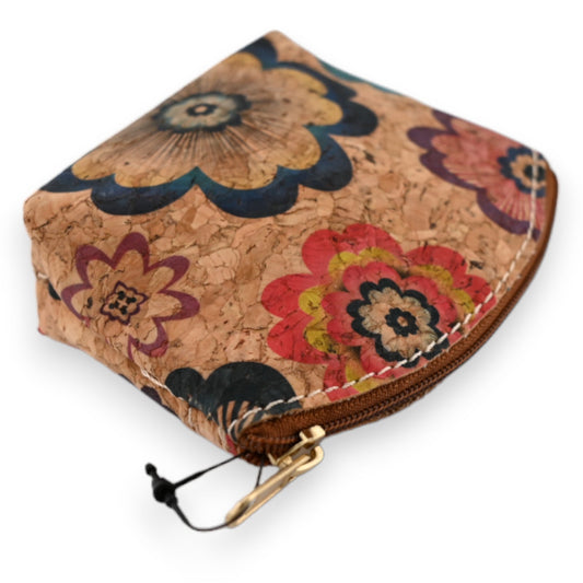Kleine Geldbörse aus Kork mit buntem Blumenmuster, Reißverschluss und Hippie-Stil, nachhaltig und modisch