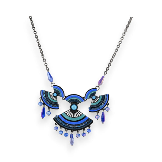 Bohème Chic Halskette mit blauem Fächer-Design, Kristallanhängern und silberner Kette, orientalischer Stil