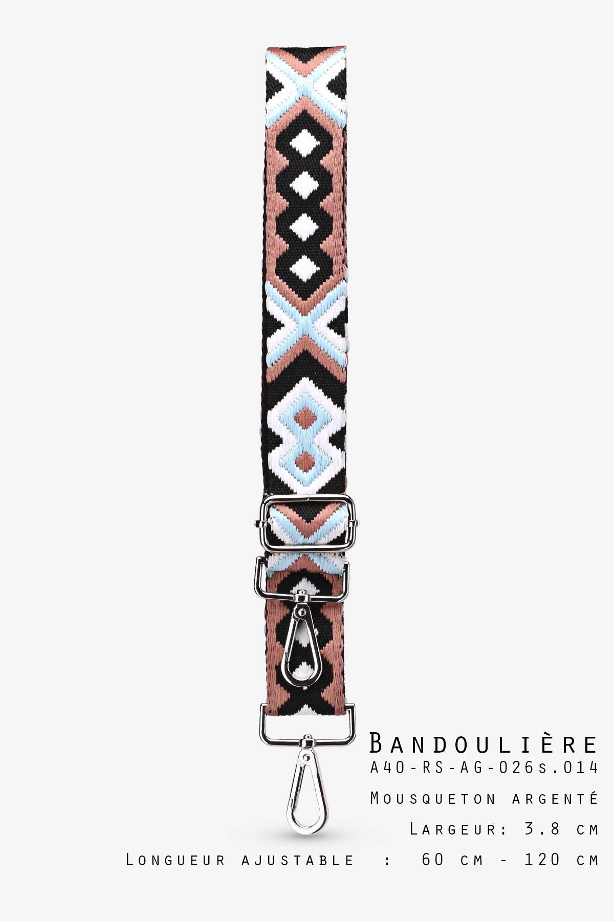 Bunter Boho-Schulterriemen mit Azteken-Muster in Rosa, Hellblau und Schwarz, verstellbar 60-120 cm, Breite 3,8 cm