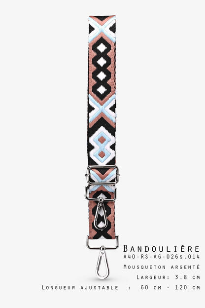 Bunter Boho-Schulterriemen mit Azteken-Muster in Rosa, Hellblau und Schwarz, verstellbar 60-120 cm, Breite 3,8 cm