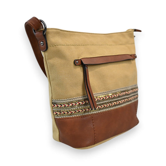 Boho-Umhängetasche in Beige und Camel mit Lederdetails, Reißverschluss und dekorativem Webmuster, Seitenansicht
