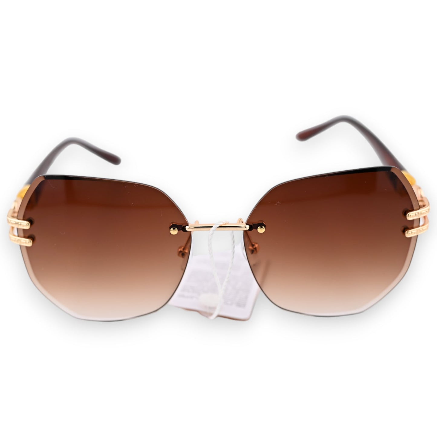 Elegante rahmenlose Sonnenbrille mit braunen Verlaufsgläsern und goldfarbenen Akzenten an den Seiten