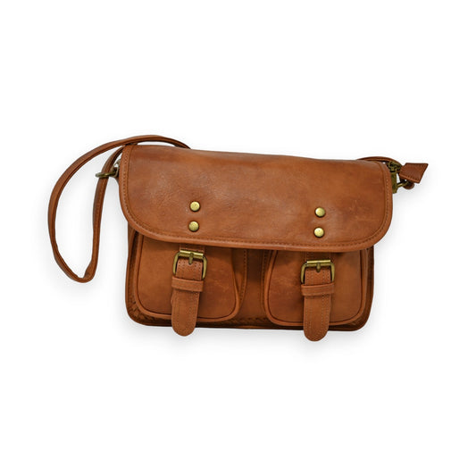 Braune Leder-Aktentasche mit Schulterriemen, Messingbeschlägen und zwei Fronttaschen im Vintage-Stil