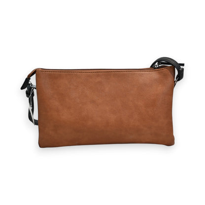 Braune Leder-Clutch mit schwarzem Schulterriemen, elegantes Design, rechteckige Form, glatte Oberfläche