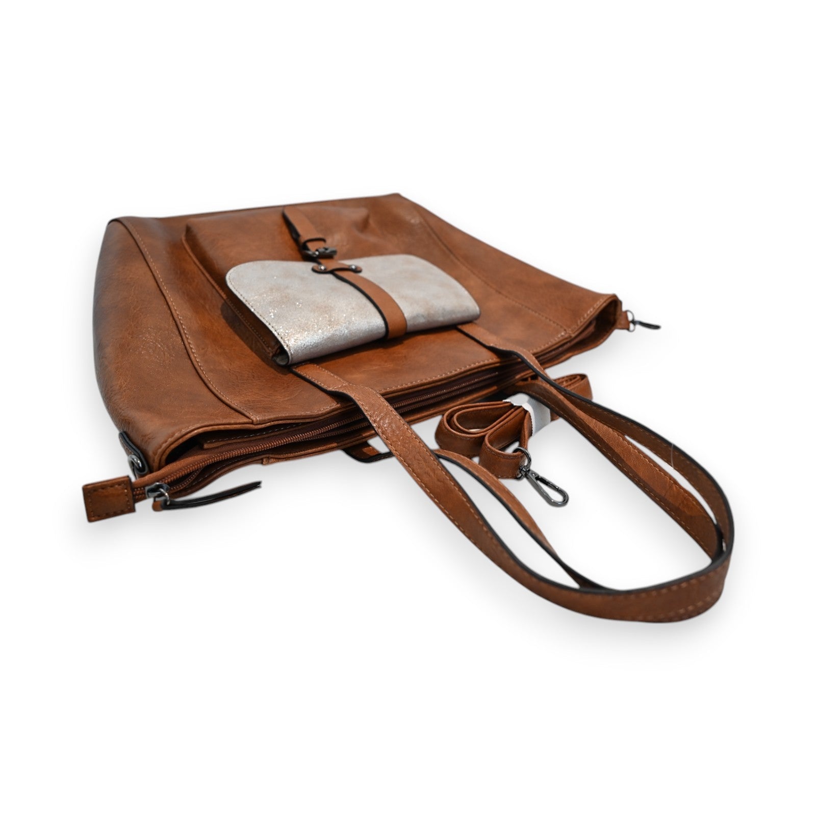 Elegante braune Lederhandtasche mit silbernem Portemonnaie, Reißverschluss und verstellbarem Schulterriemen