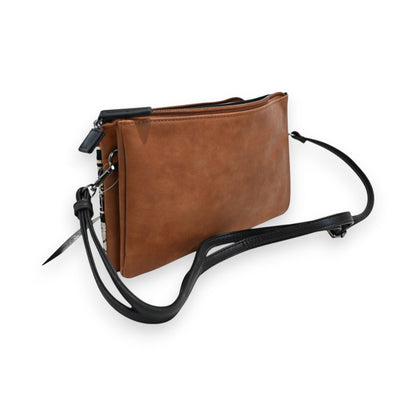 Braune Leder-Umhängetasche mit schwarzem Riemen, elegantes Design, kompakte Form, Reißverschluss, modisches Accessoire