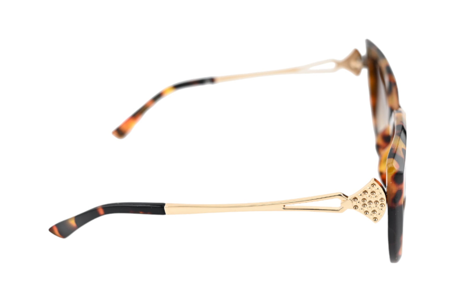 Elegante Sonnenbrille mit Leopardenmuster und goldfarbenen Bügeln, verziert mit glitzerndem Schmuckelement