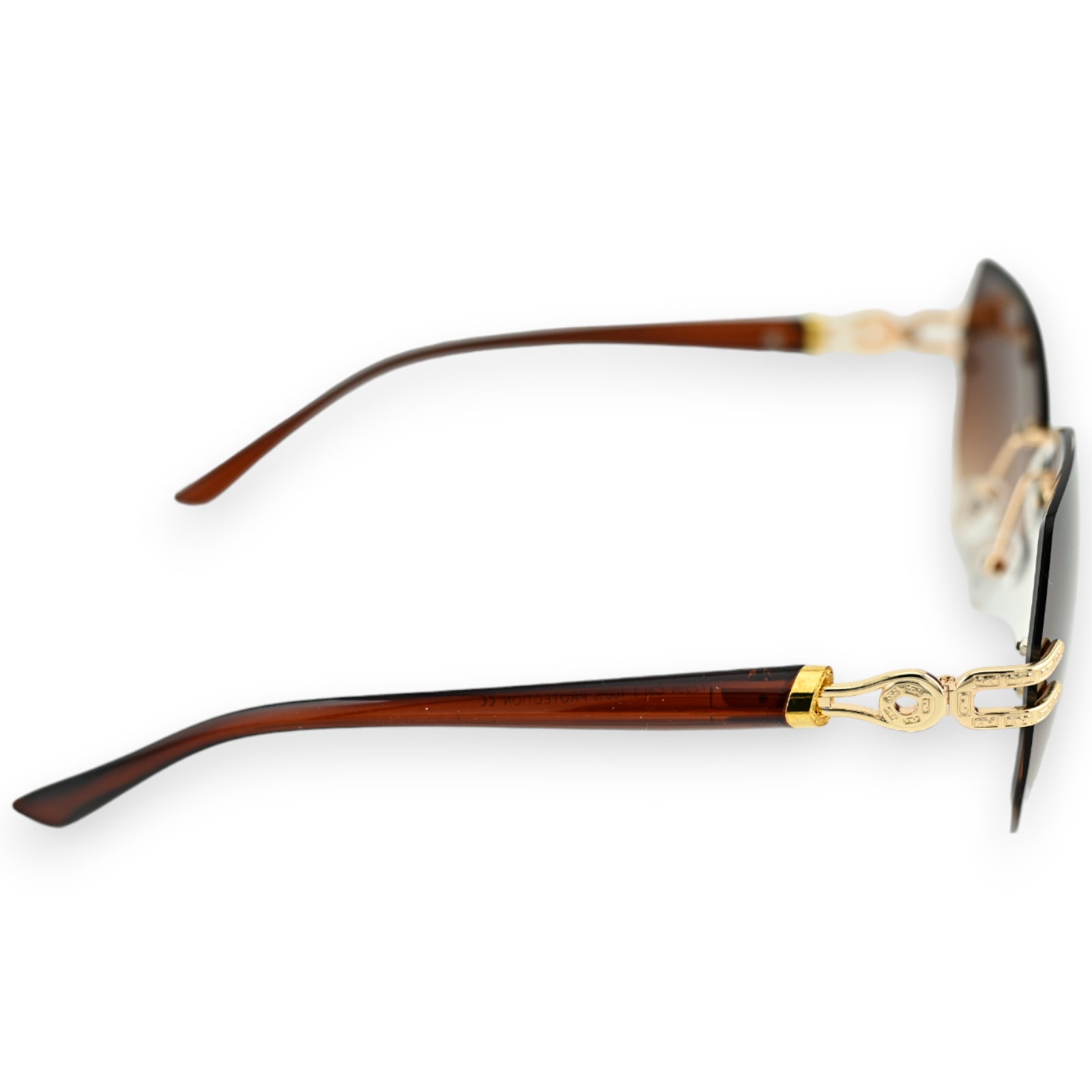 Elegante Sonnenbrille mit braunem Verlaufsglas, goldenen Bügeln und dekorativem Scharnier, seitliche Ansicht