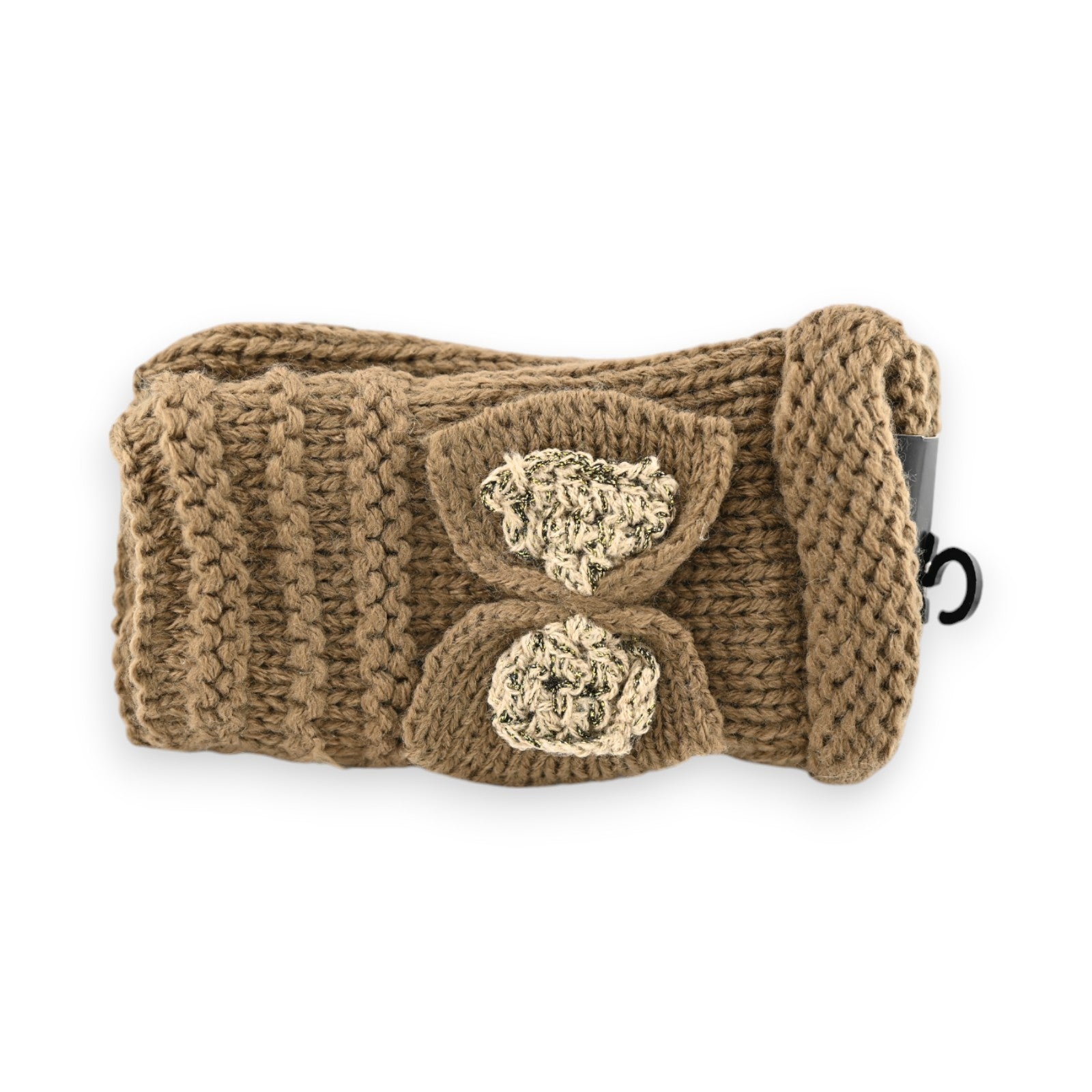 Gestrickte braune Stirnband mit dekorativer goldener Schleife, handgefertigt aus Wolle, warmes Winteraccessoire