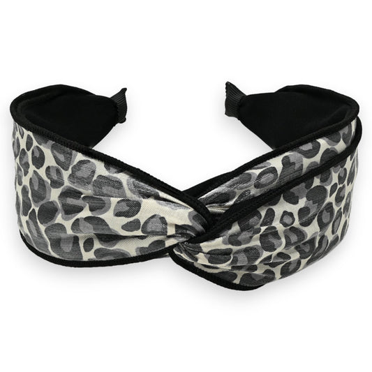 Breites Stirnband mit grau-schwarzem Leopardenmuster, gekreuzt in der Mitte, elegantes Haaraccessoire