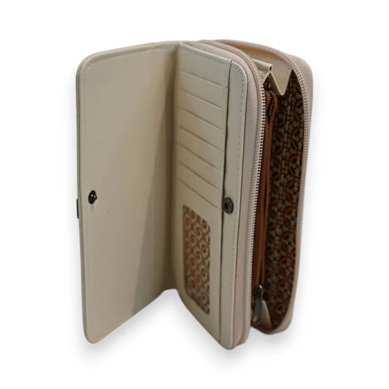 Beige Geldbörse mit zwei Klappen und Reißverschluss, unterteiltes Innenfach und ...