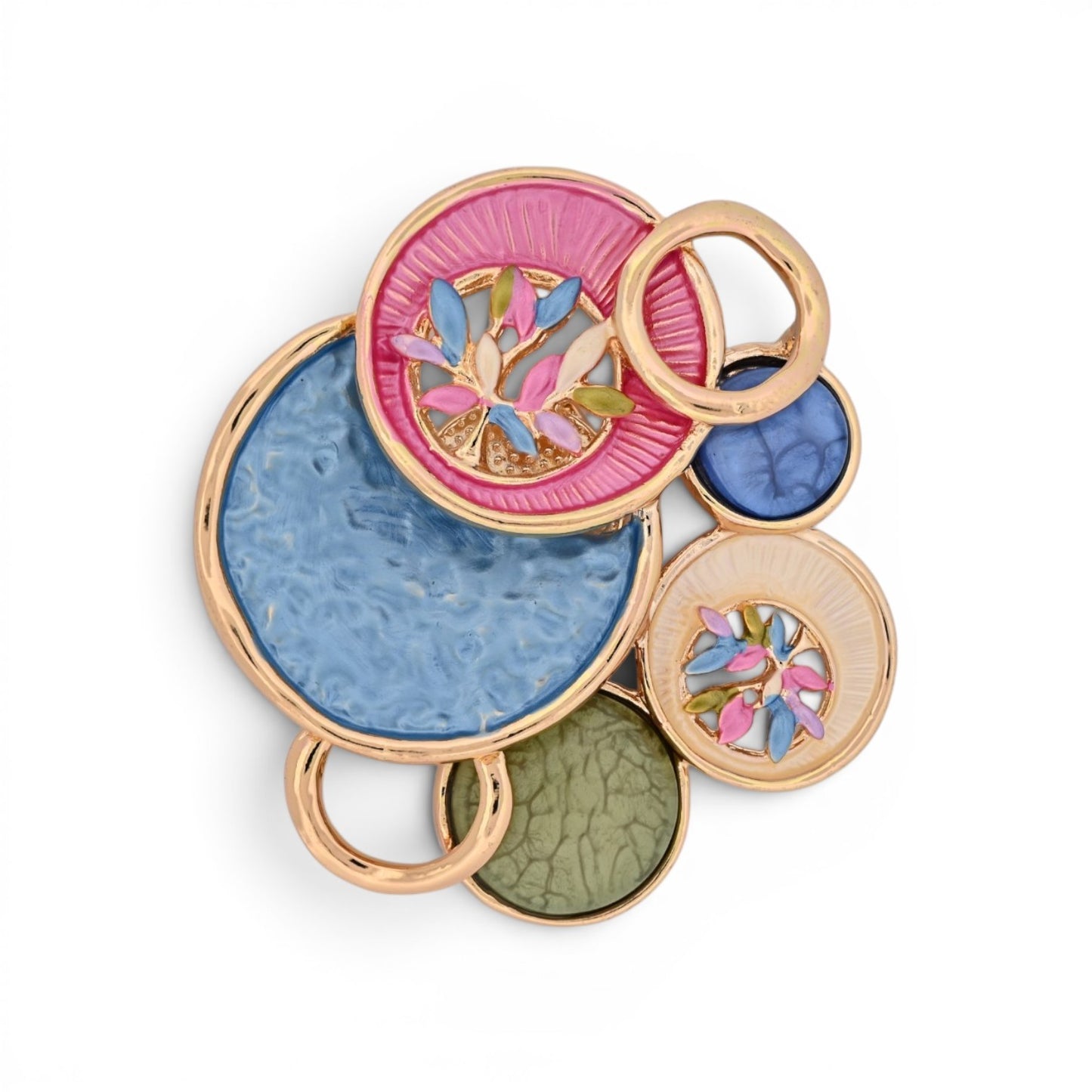 Magnetische Abstrakt-Brosche Multicolor mit emaillierten Kreisen in Blau, Rosa und Gold