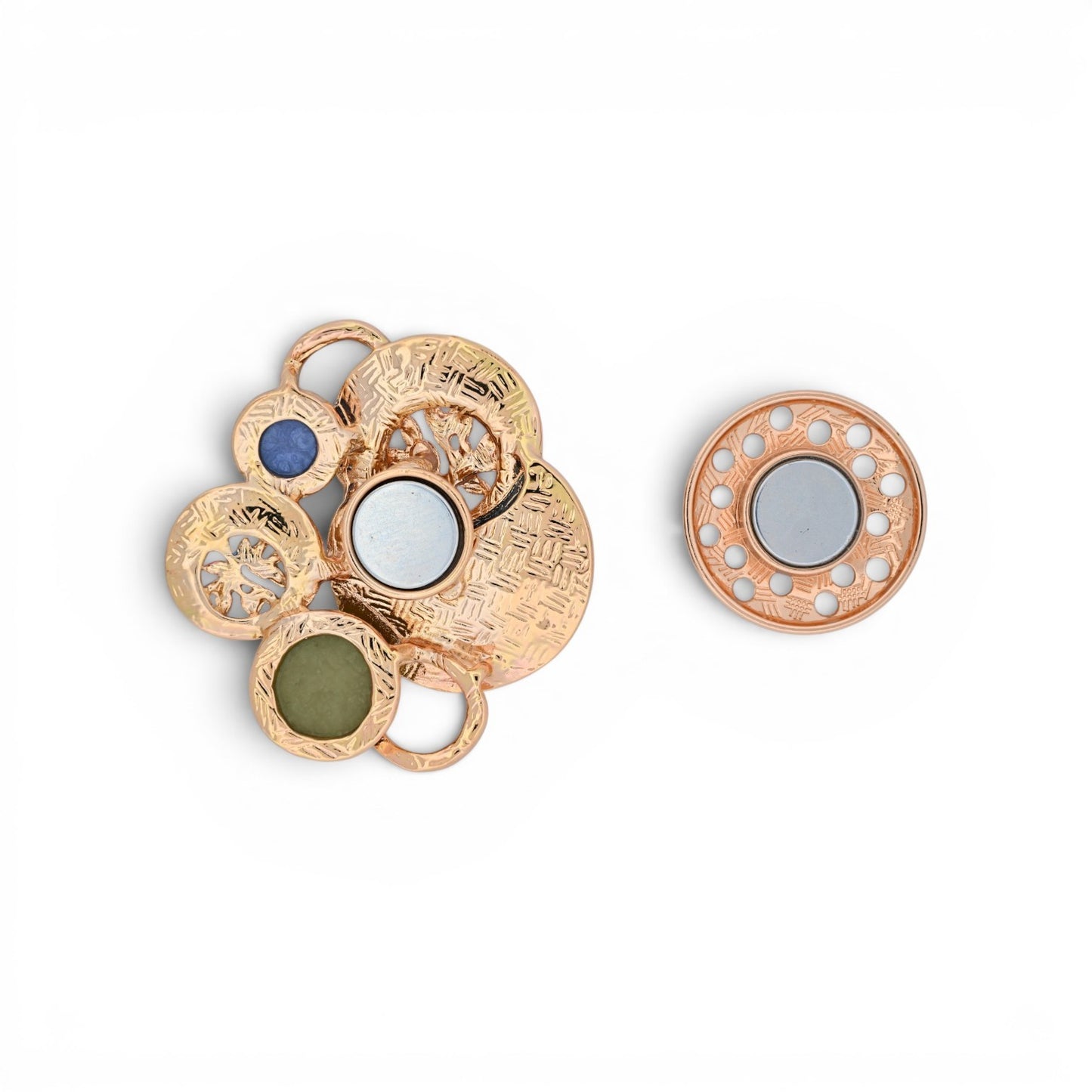 Magnetische Abstrakt-Brosche Multicolor mit emaillierten Kreisen in Blau, Rosa und Gold
