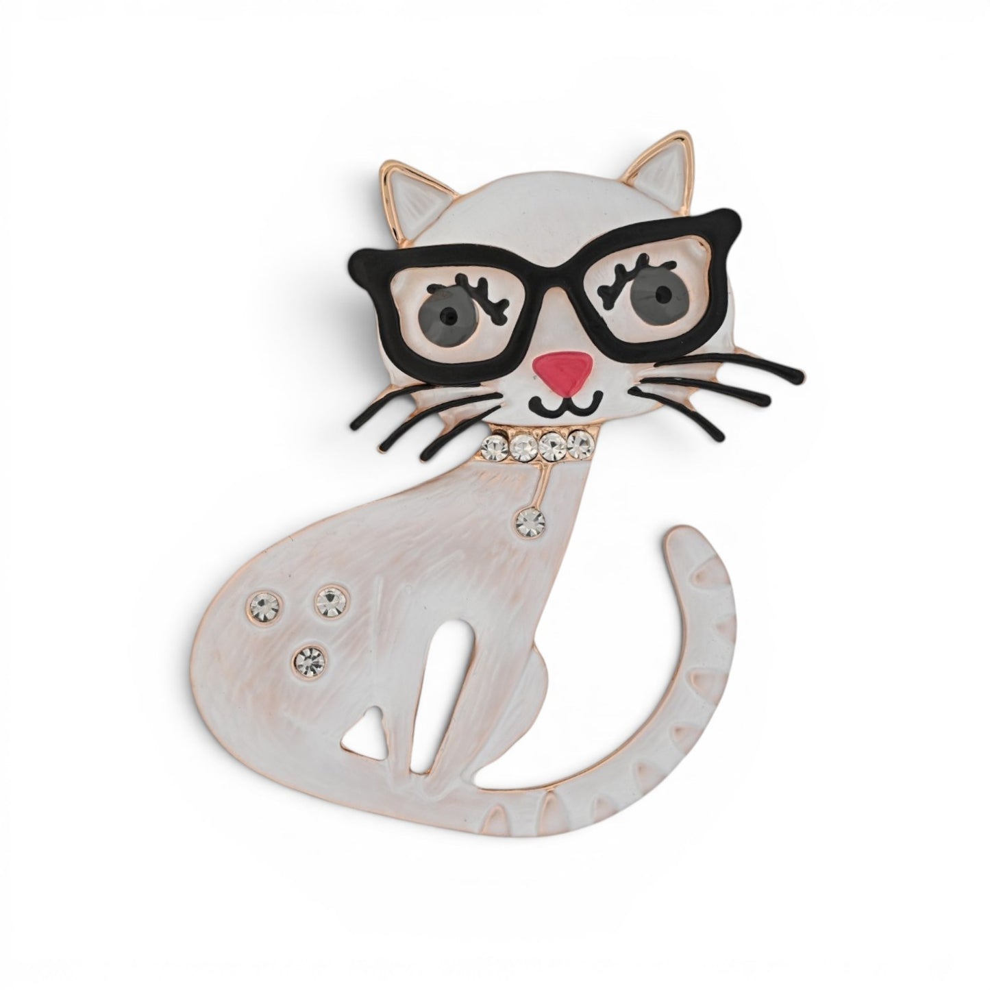 Magnetische Katzen-Brosche, weiße Katze mit schwarzer Brille, 7,5 cm hoch