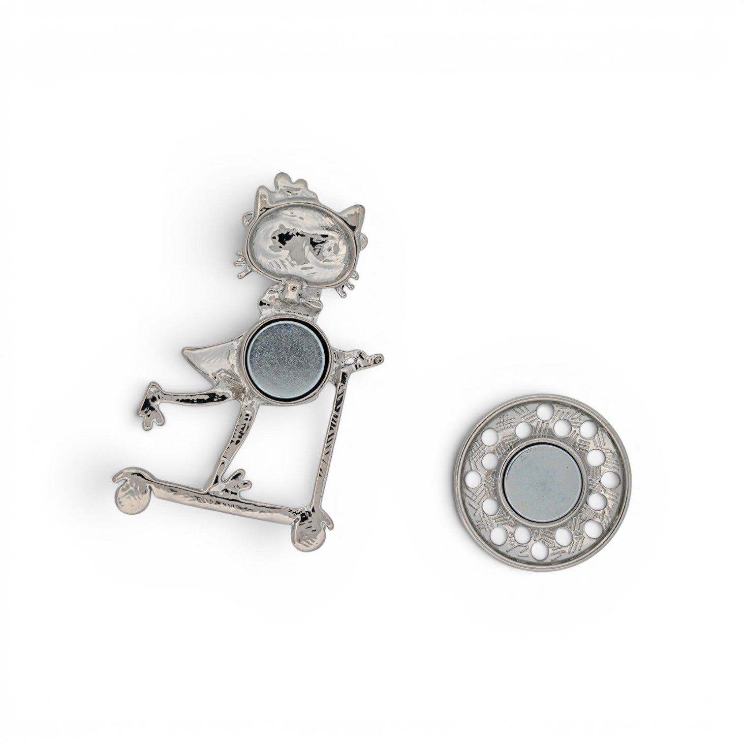 Magnetische Katzen-Brosche, Katze mit Brille auf einem Roller, Blautöne, 7 cm hoch