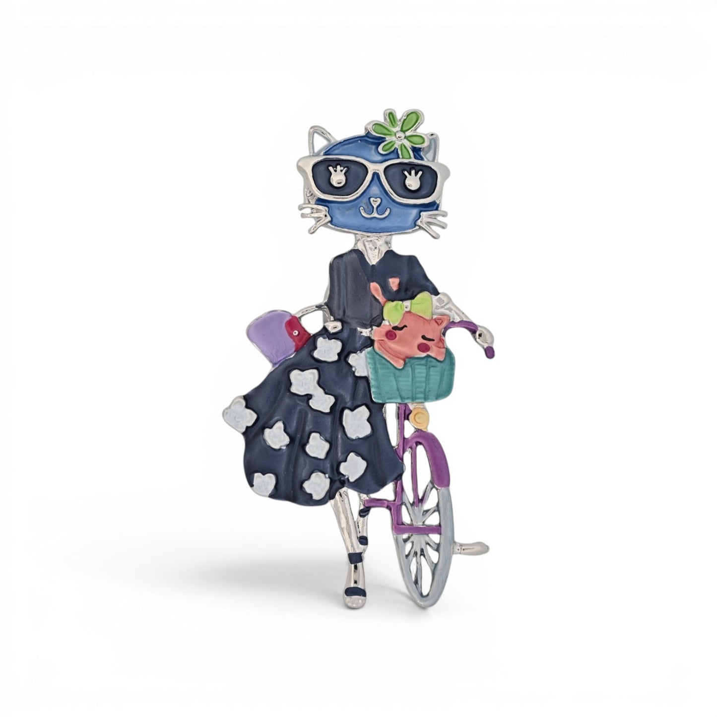 Magnetische Katzen-Brosche, elegante Katze auf lila Fahrrad, buntes Design, 7 cm hoch