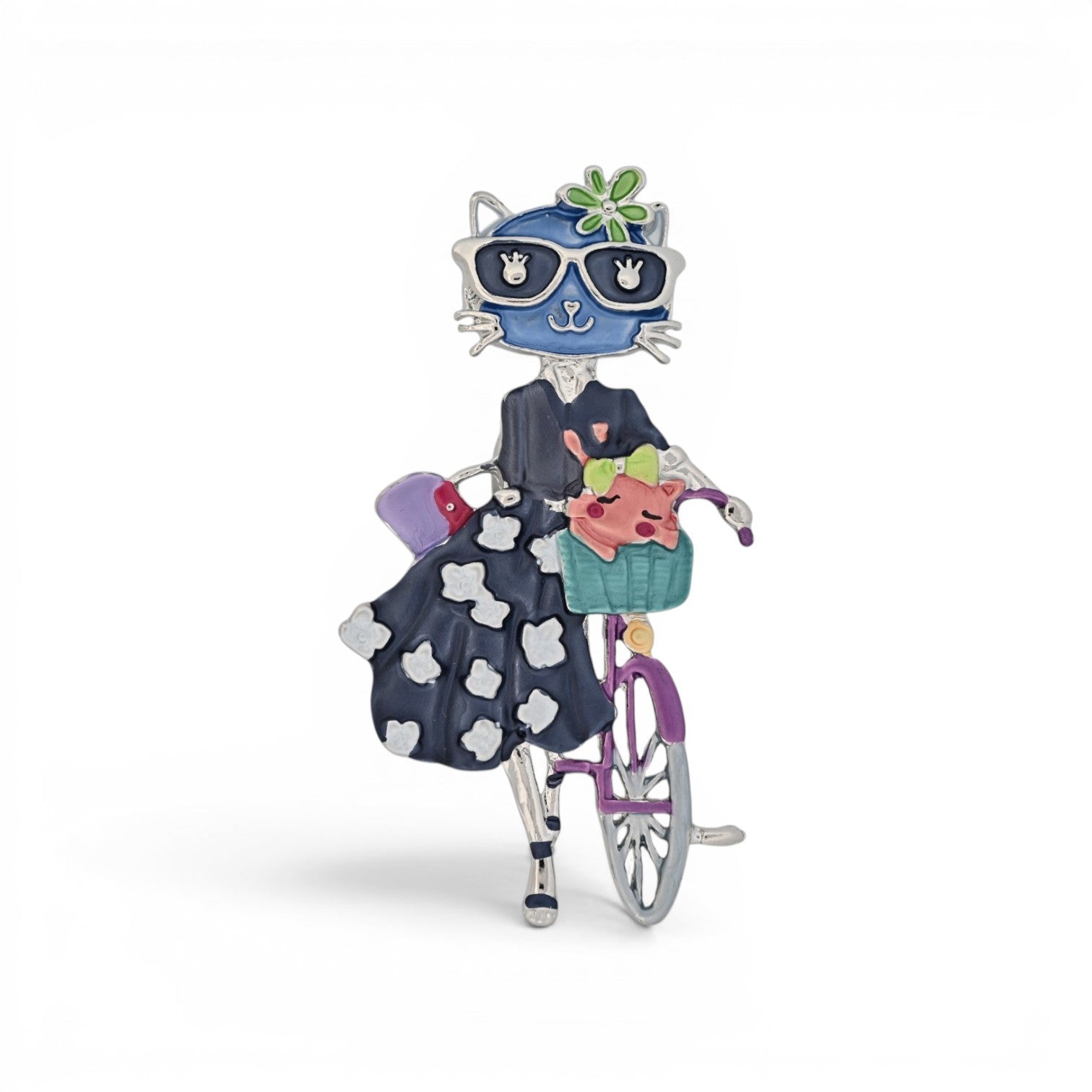 Magnetische Katzen-Brosche, elegante Katze auf lila Fahrrad, buntes Design, 7 cm hoch