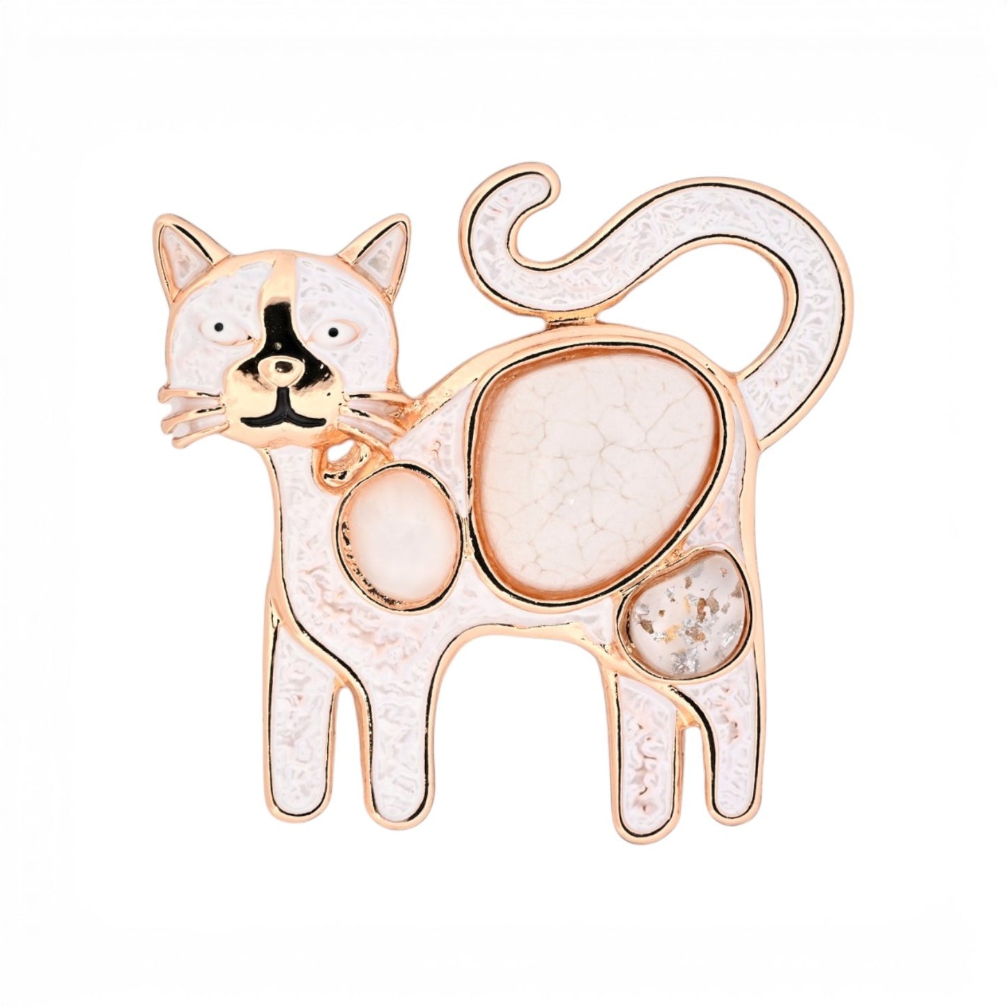 Magnetische Katzen-Brosche, weiß emaillierte Katze mit goldenen Konturen, 5,5 cm breit