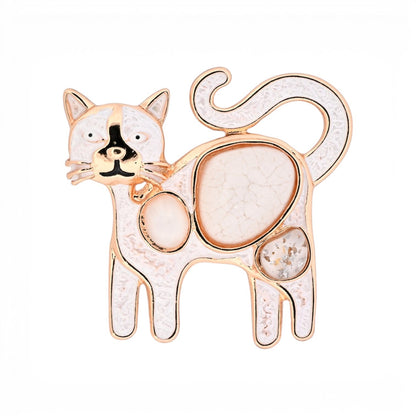 Magnetische Katzen-Brosche, weiß emaillierte Katze mit goldenen Konturen, 5,5 cm breit