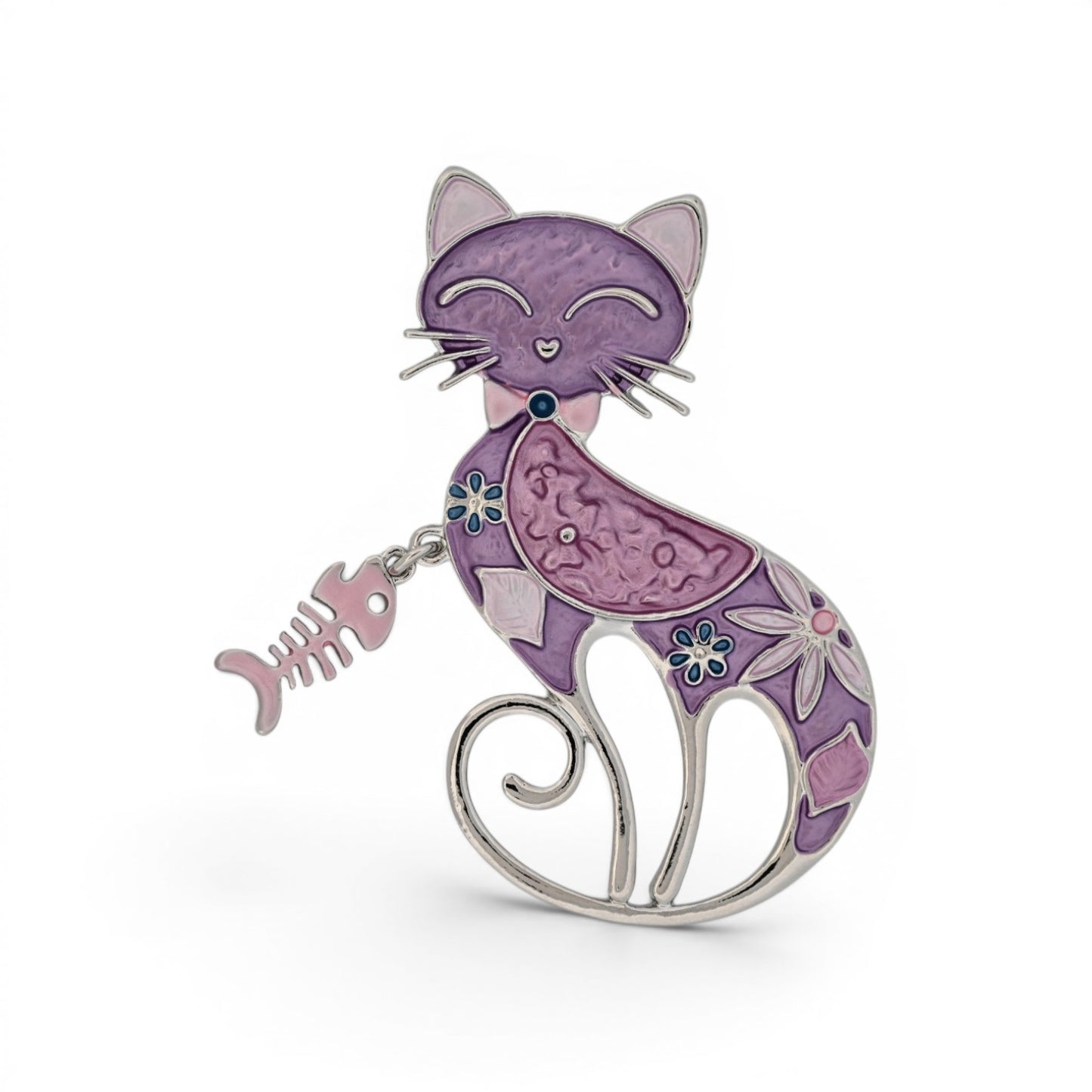 Magnetische Katzen-Brosche, violette Katze mit Blumen und Fischgräten-Anhänger, 6,5 cm hoch