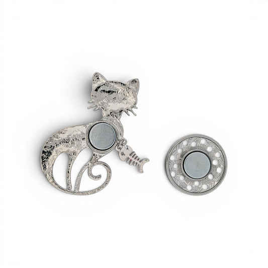Magnetische Katzen-Brosche, violette Katze mit Blumen und Fischgräten-Anhänger, 6,5 cm hoch