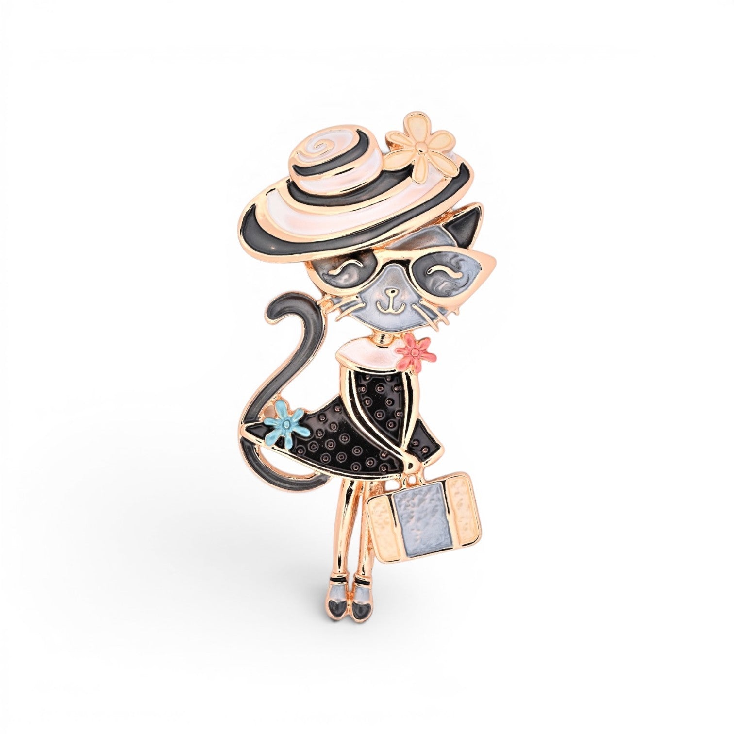 Magnetische Katzen-Brosche, reisende Katze mit Blumenhut, Punktekleid und Koffer, 8 cm hoch
