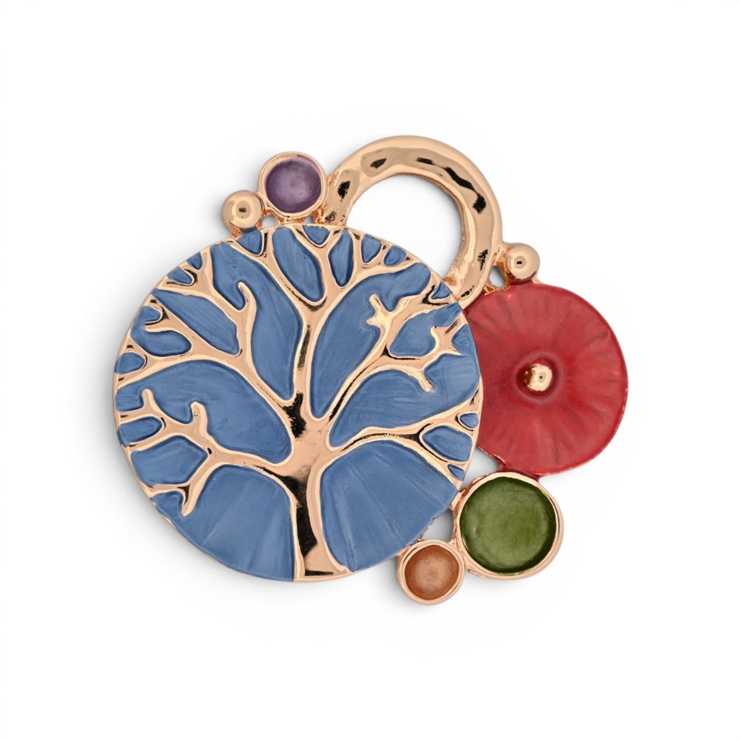 Magnetische Lebensbaum-Brosche in Blau mit bunten Cabochons, 5,5 cm breit