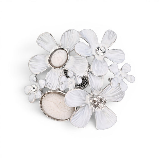 Magnetische Blumen-Brosche mit weißen Blüten in Elfenbein und Perlmutt, 6 cm