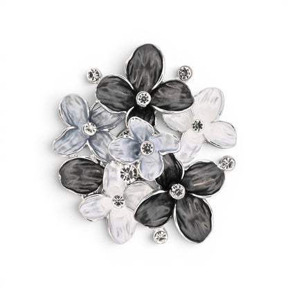 Magnetische Blumen-Brosche mit emaillierten Blüten in Schwarz, Weiß, Grau und Strass, 6 cm