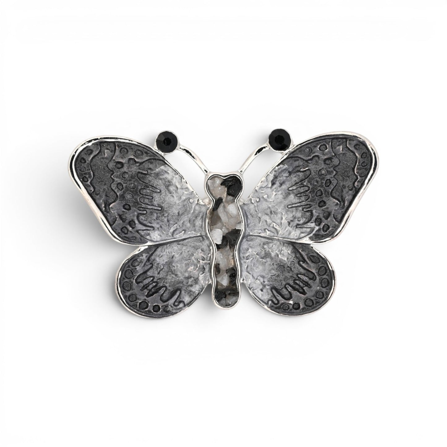 Magnetische Schmetterling-Brosche in Silber und Grau mit ziselierten Flügeln, 6,5 cm breit